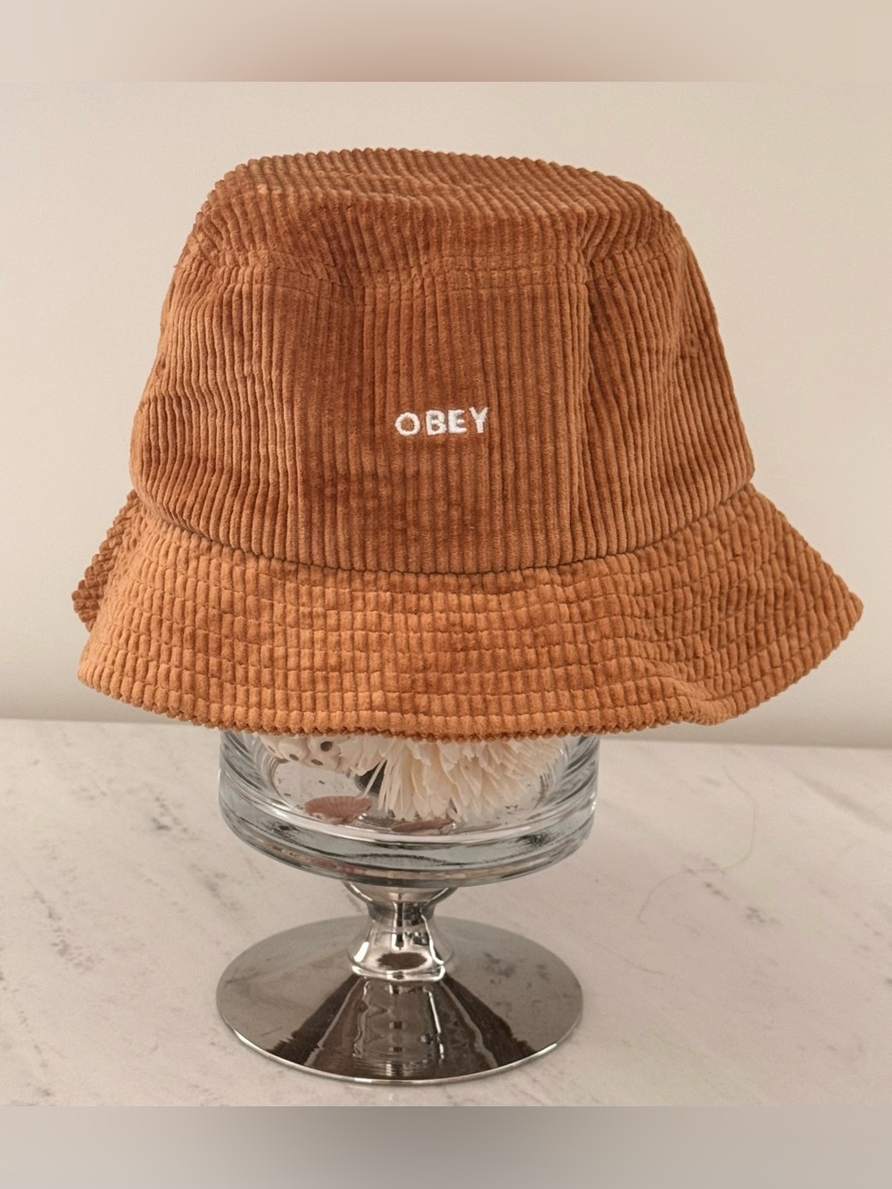 OBEY Brown Corduroy Bucket Hat Embroidered Logo Streetwear